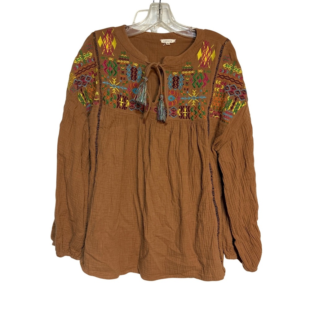 Jodifl Embroidered Peasant Blouse Top Long Sleeve‎ Boho Festival Brown M